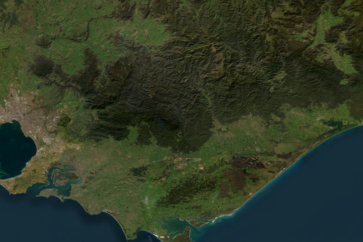 Satellite view of eastern Victoria showing the Dandenong Ranges, Cardinia Shire, Yarra Ranges, and Gippsland